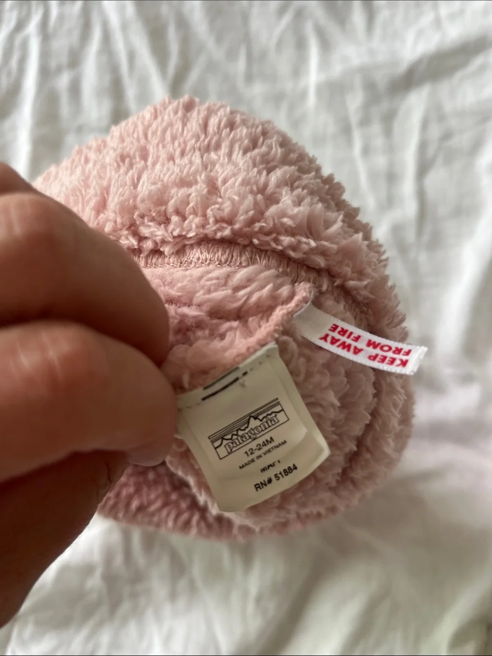 Patagonia Pink Sherpa Kids Beanie with White Pom-Poms